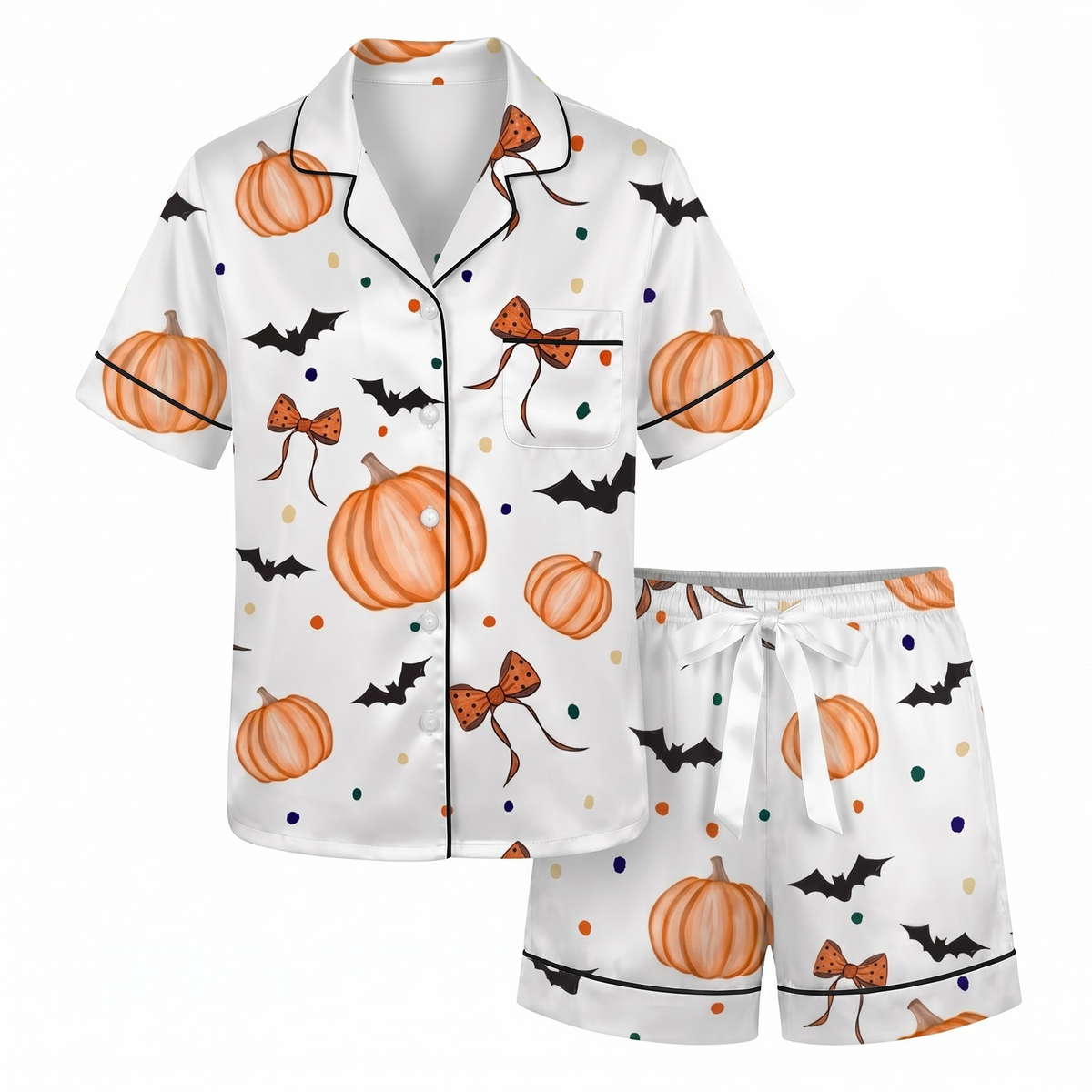 Halloween Pumpkin Bat Satin Pajama Set, Cute Pumpkin Bow Pajamas, Spooky Halloween PJs, White Orange Fall Sleepwear, Halloween Gift