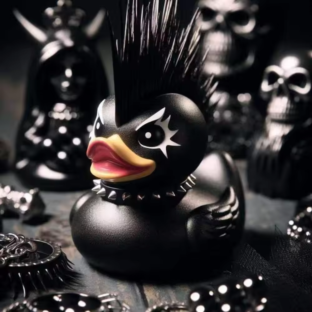 Duck Gothic Punk Duck, Novelty Duck Decorated with Halloween Decorations, Punk Duck in 1980s, Dark Satan Duck Gothic Gift.