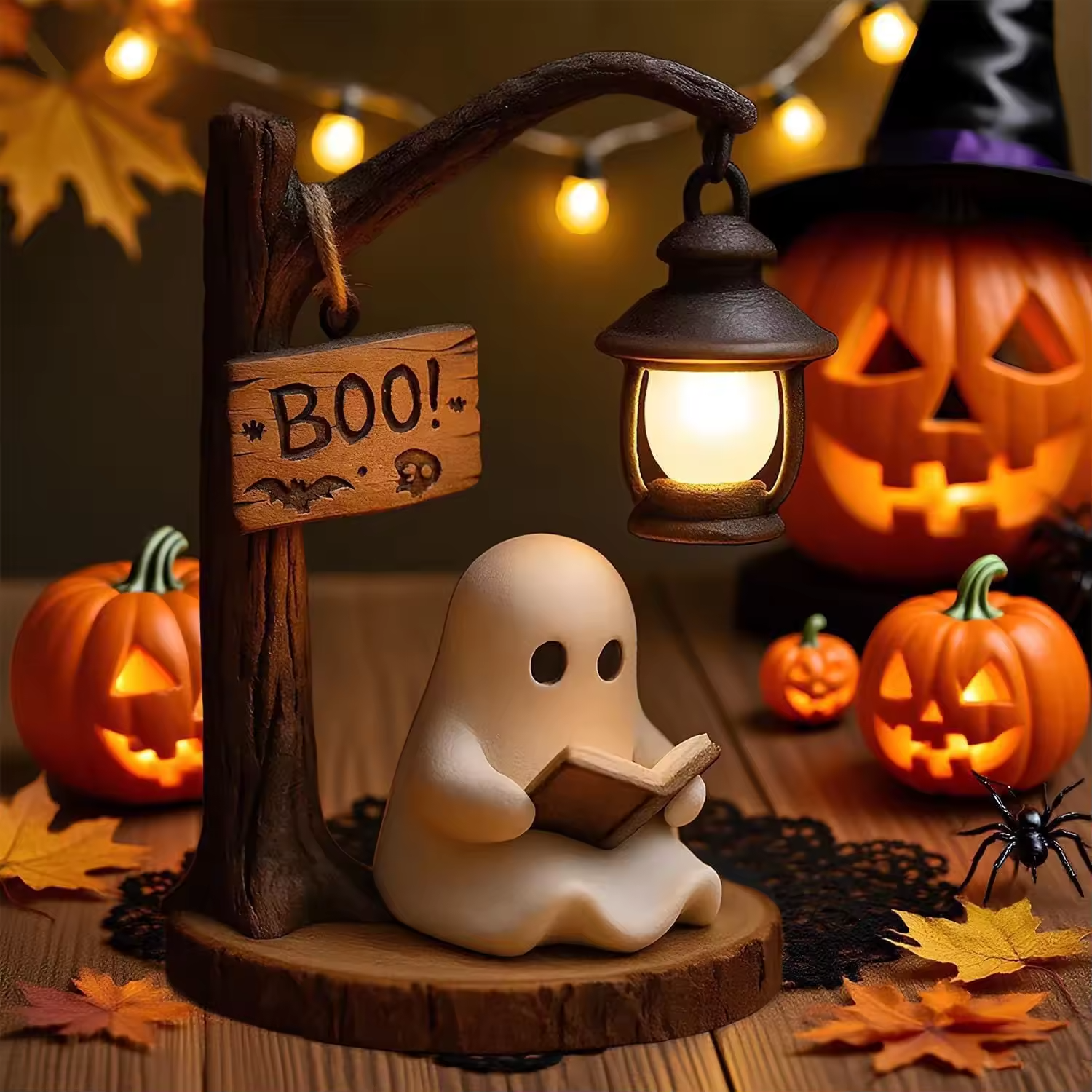Cute Ghost Reading Lantern Halloween Resin Figurine Ornament With Boo Sign For Indoor Home Tabletop Holiday Party Decoration