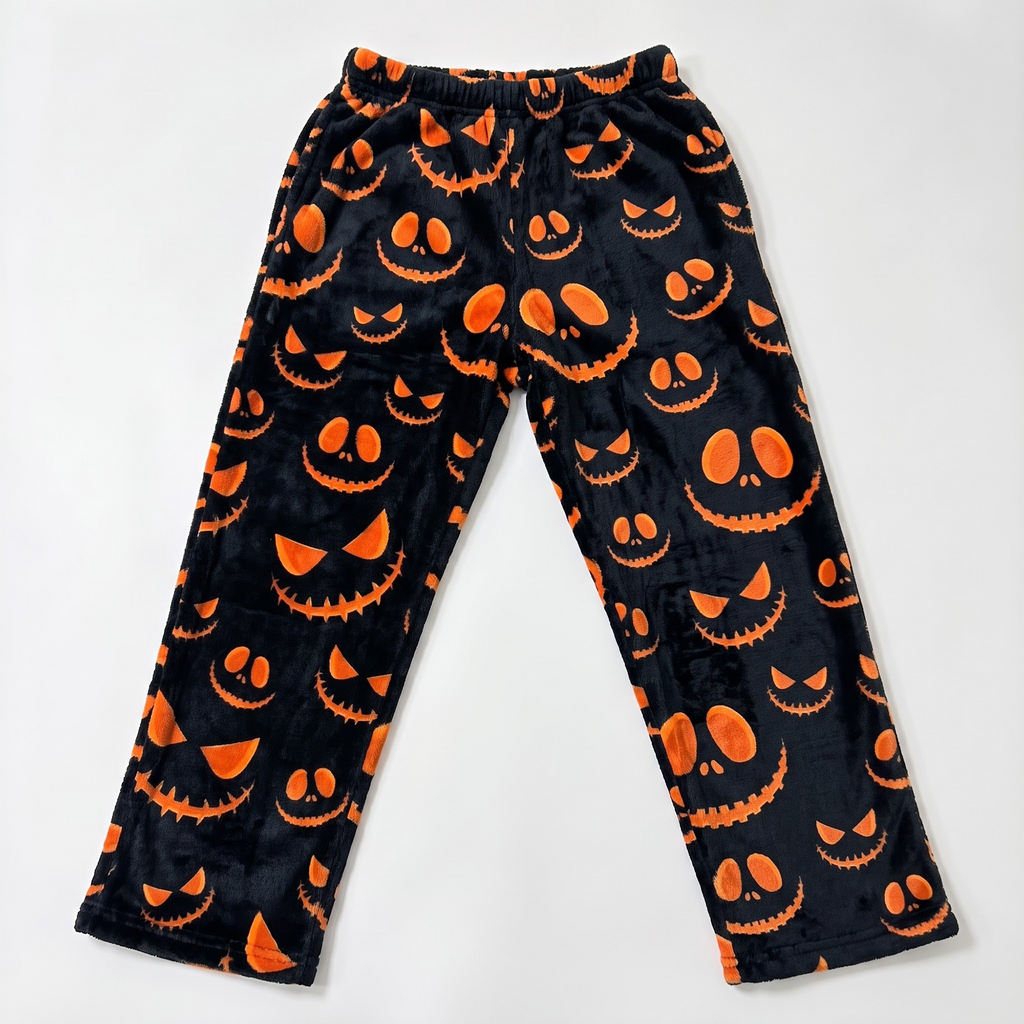 Spooky Face Print Fuzzy Pajama Pants, Soft Plush Winter Flannel Sleepwear Bottoms, Halloween Lounge Pants, Gift for Bestie Sister