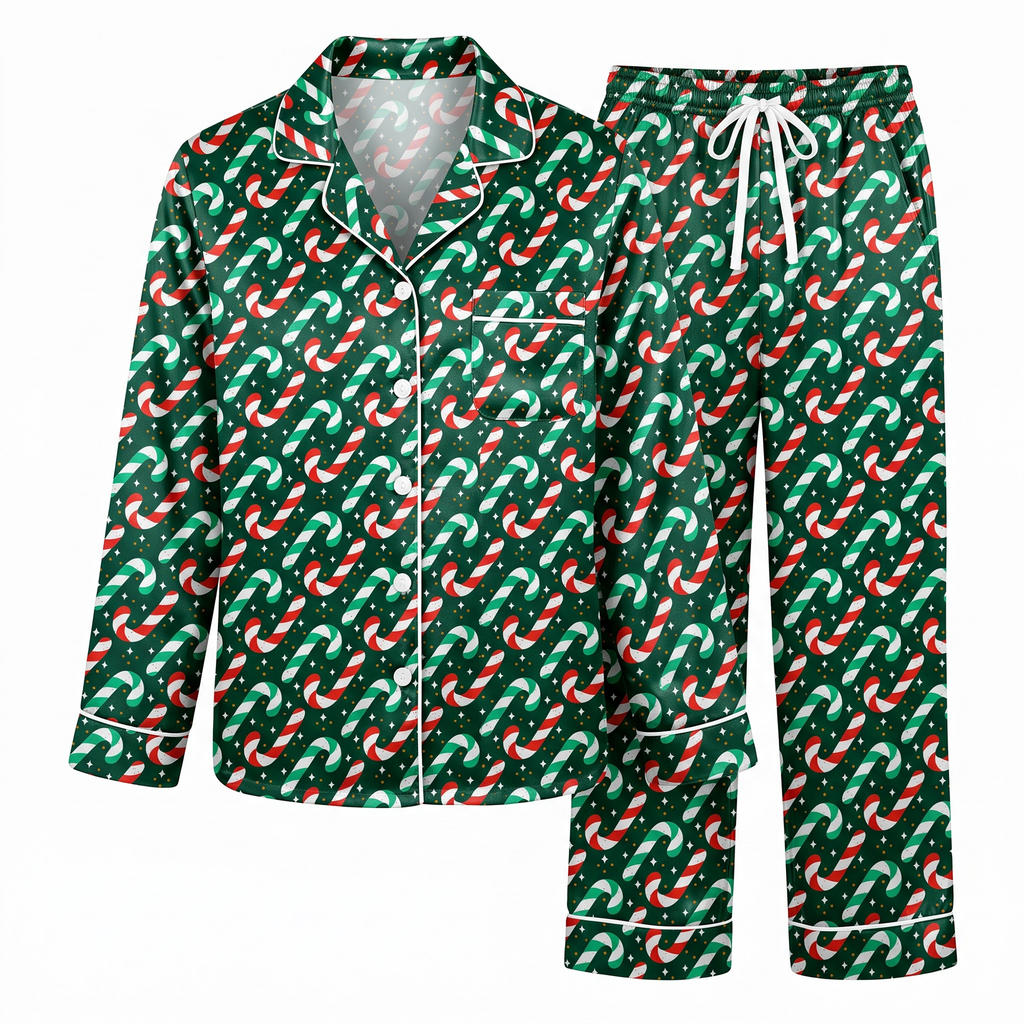 Christmas Candy Cane Satin Pajama Set, Green Holiday Pajamas, Red White Peppermint PJs, Festive Christmas Sleepwear, Holiday Gift