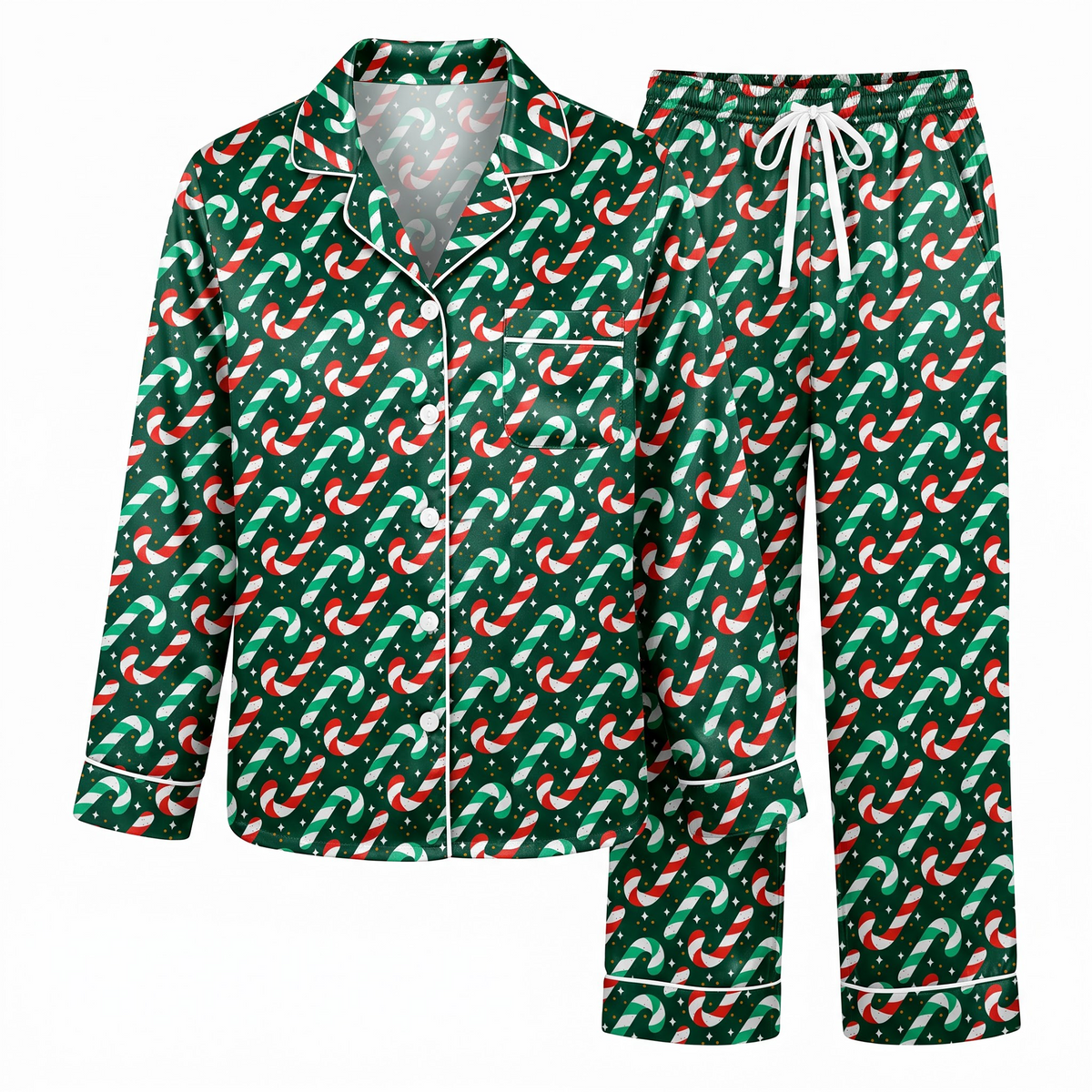 Christmas Candy Cane Satin Pajama Set, Green Holiday Pajamas, Red White Peppermint PJs, Festive Christmas Sleepwear, Holiday Gift