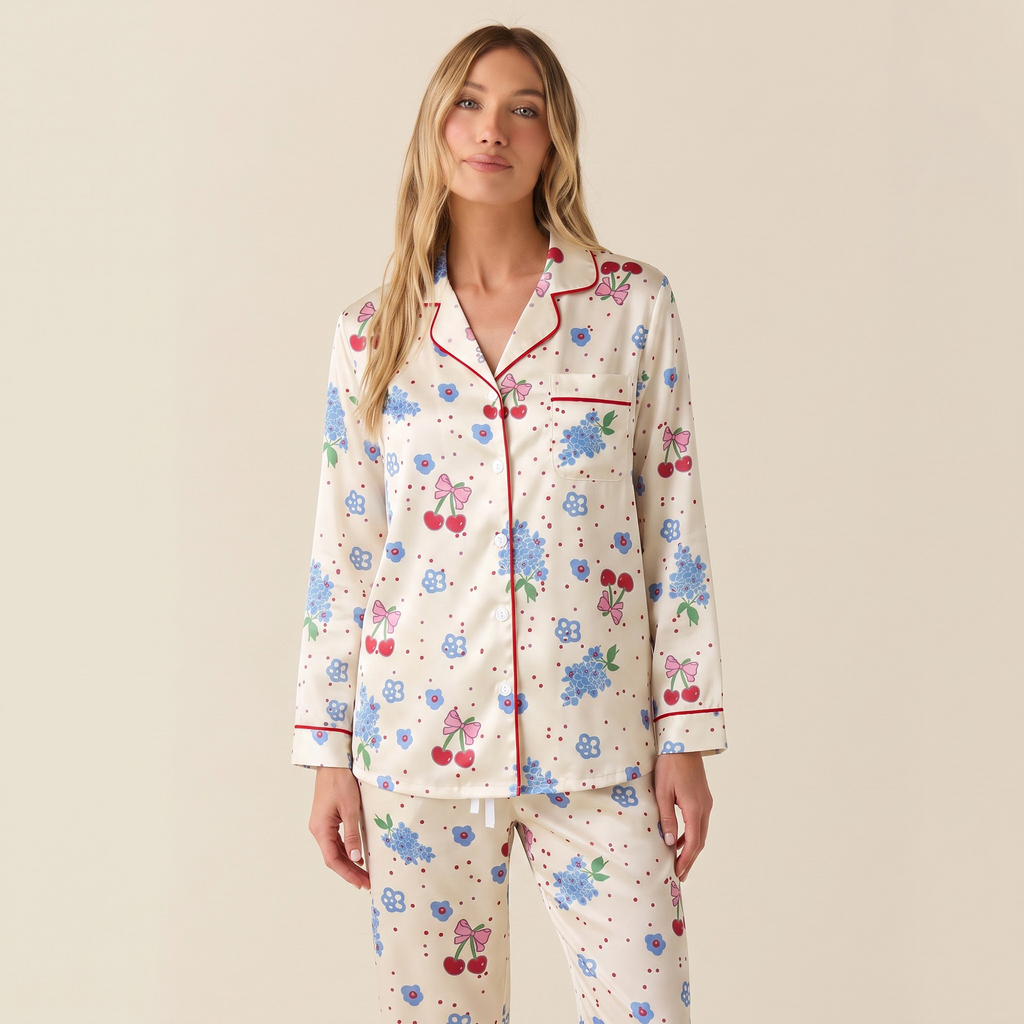 Coquette Cherry Pajama Set, Hydrangea Floral Satin Lounge Set, Vintage Cream Sleepwear PJS, Birthday Gift for Her Women