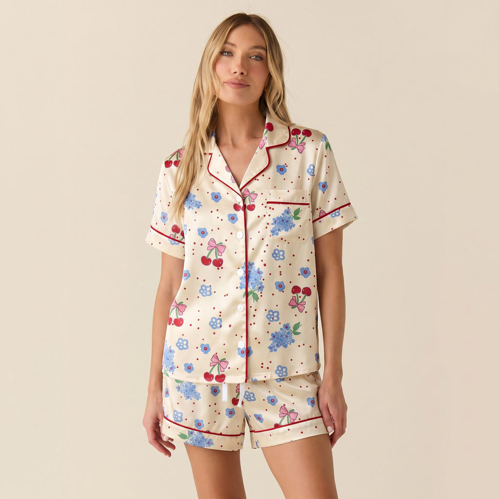 Coquette Cherry Pajama Set, Hydrangea Floral Satin Lounge Set, Vintage Cream Sleepwear PJS, Birthday Gift for Her Women