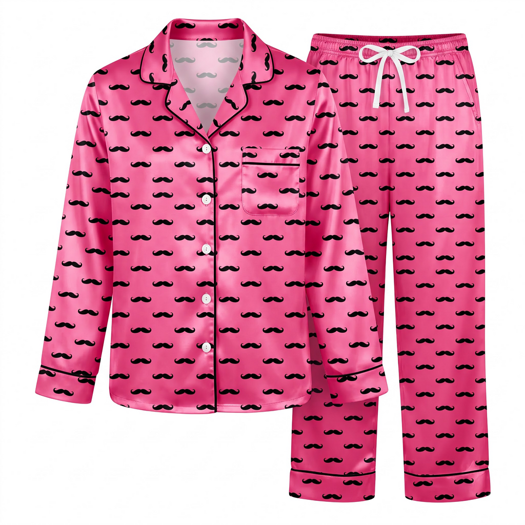 Pink Mustache Pajama Set, Black Moustache Print Satin Sleepwear, Funny Silk Long Sleeve PJ Set, Cute Gift for Bestie Girlfriend