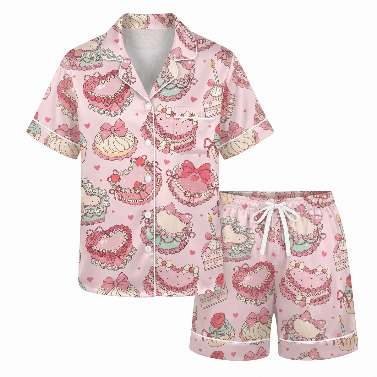 Coquette Pink Cake Pajama Set, Vintage Birthday Cake Satin PJS, Cute Bakery Sleepwear, Birthday Gift for Girlfriend Sister