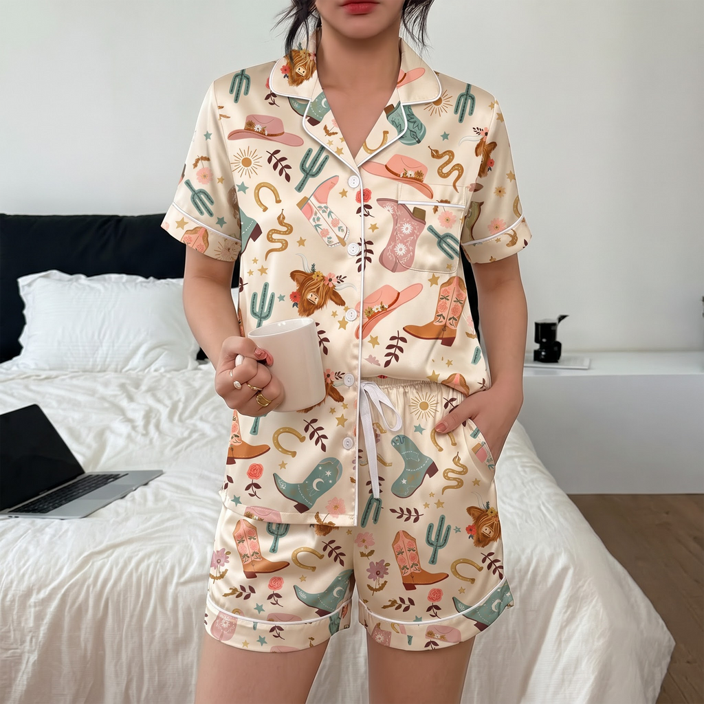 Highland Cow Pajama Set, Western Satin Lounge Set, Desert Cowgirl Sleepwear PJS, Birthday Gift for Her Women