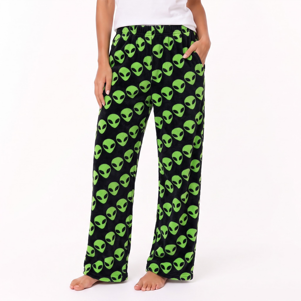 Green Alien Flannel Pajama Pants, Black Neon Alien Lounge Pants, Soft Cotton Sleep Pants, Y2K Birthday Gift for Bestie