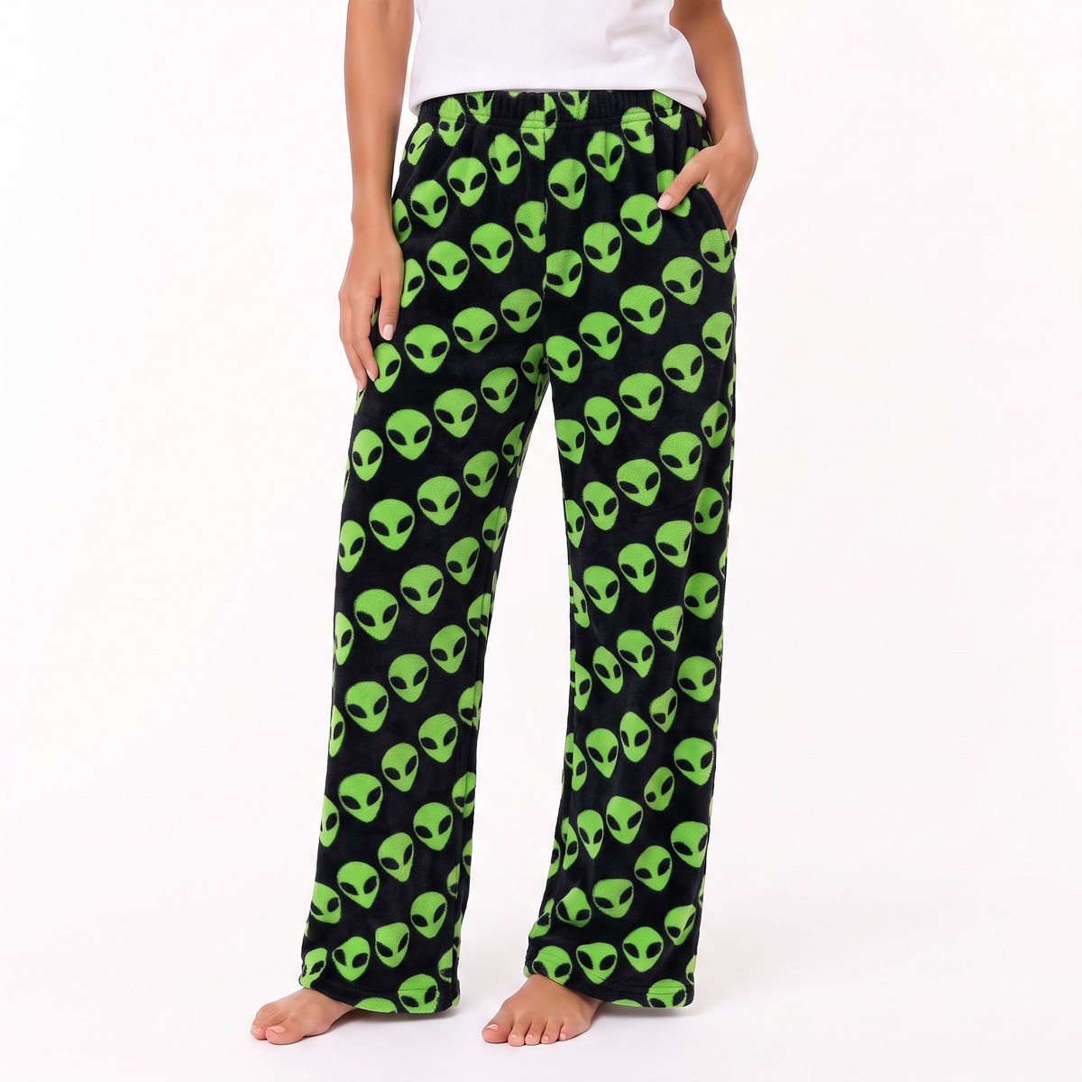 Green Alien Flannel Pajama Pants, Black Neon Alien Lounge Pants, Soft Cotton Sleep Pants, Y2K Birthday Gift for Bestie