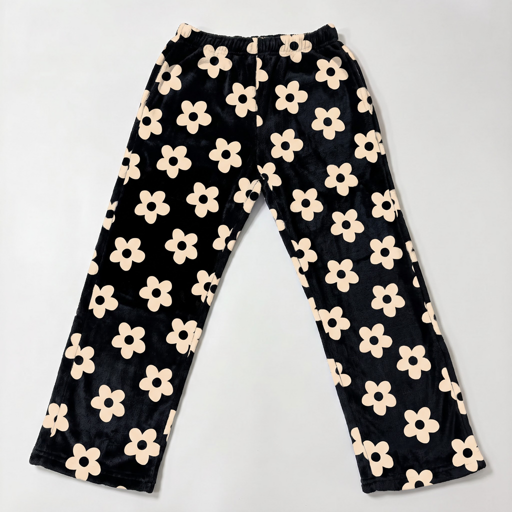 Multi Color Fuzzy Flower Pajama Pants, Cute Floral Fleece Sleepwear Bottoms, Plush Warm Winter Lounge Pants, Cozy Gift for Her