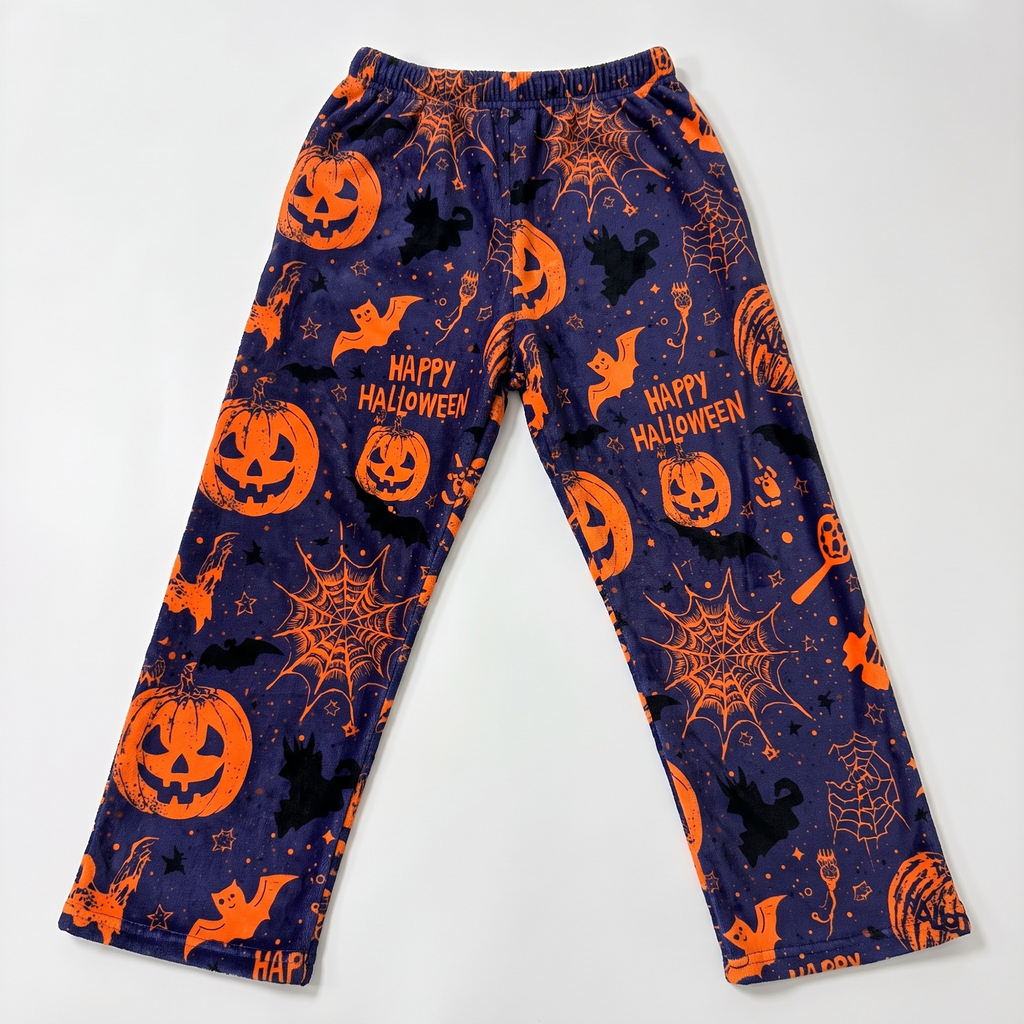 Happy Halloween Fuzzy Pajama Pants, Orange Pumpkin Purple Fleece Sleepwear Bottoms, Soft Plush Warm Winter Lounge Pants, Spooky Gift