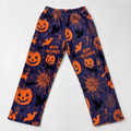 Happy Halloween Fuzzy Pajama Pants, Orange Pumpkin Purple Fleece Sleepwear Bottoms, Soft Plush Warm Winter Lounge Pants, Spooky Gift