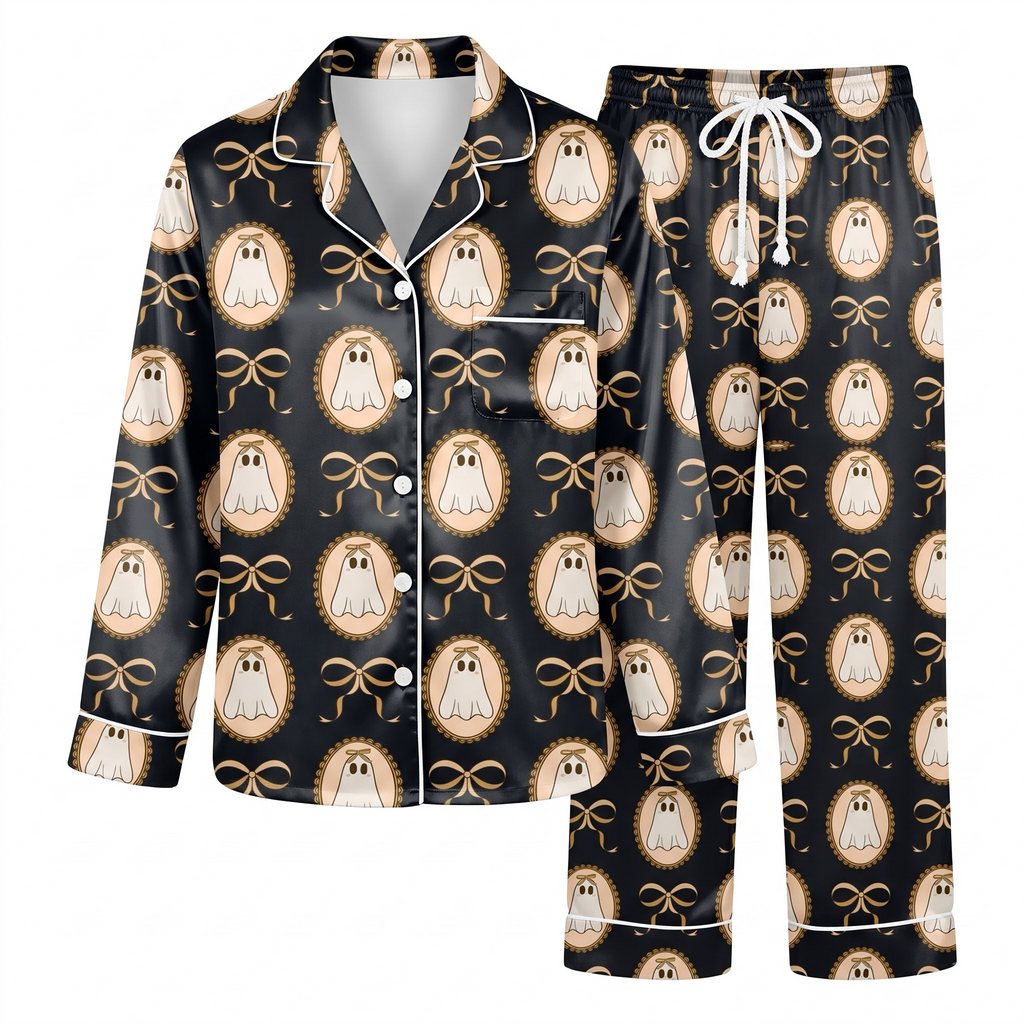 Ghost Bow Satin Pajama Set, Black Halloween Pajamas, Cute Coquette Ghost PJs, Vintage Spooky Bow Sleepwear, Halloween Gift for Her