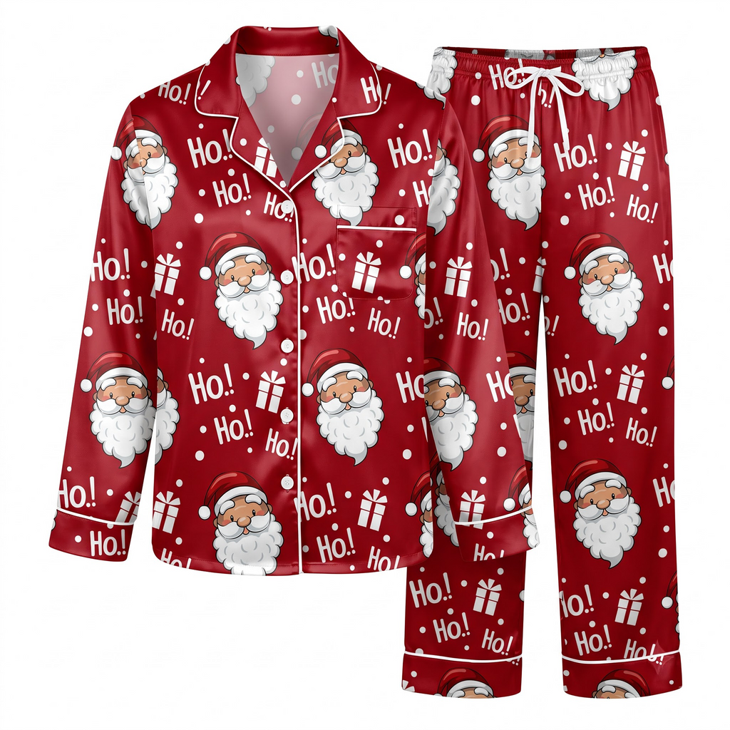 Santa Claus Satin Pajama Set, Red Christmas Pajamas, Ho Ho Ho Holiday PJs, Cute Santa Sleepwear, Christmas Gift for Her