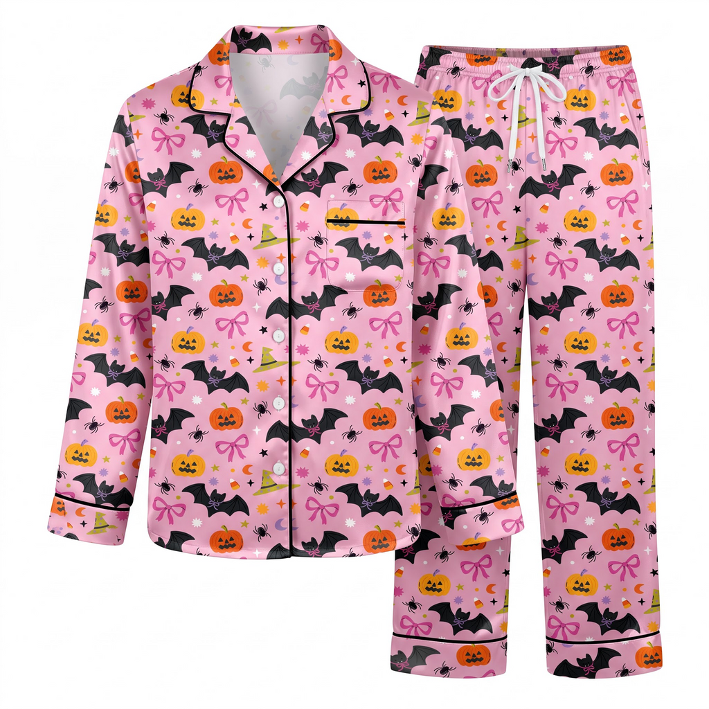 Pink Halloween Satin Pajama Set, Cute Pumpkin Bat Bow Pajamas, Coquette Halloween PJs, Spooky Pink Sleepwear, Halloween Gift