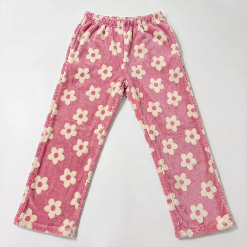 Multi Color Fuzzy Flower Pajama Pants, Cute Floral Fleece Sleepwear Bottoms, Plush Warm Winter Lounge Pants, Cozy Gift for Her