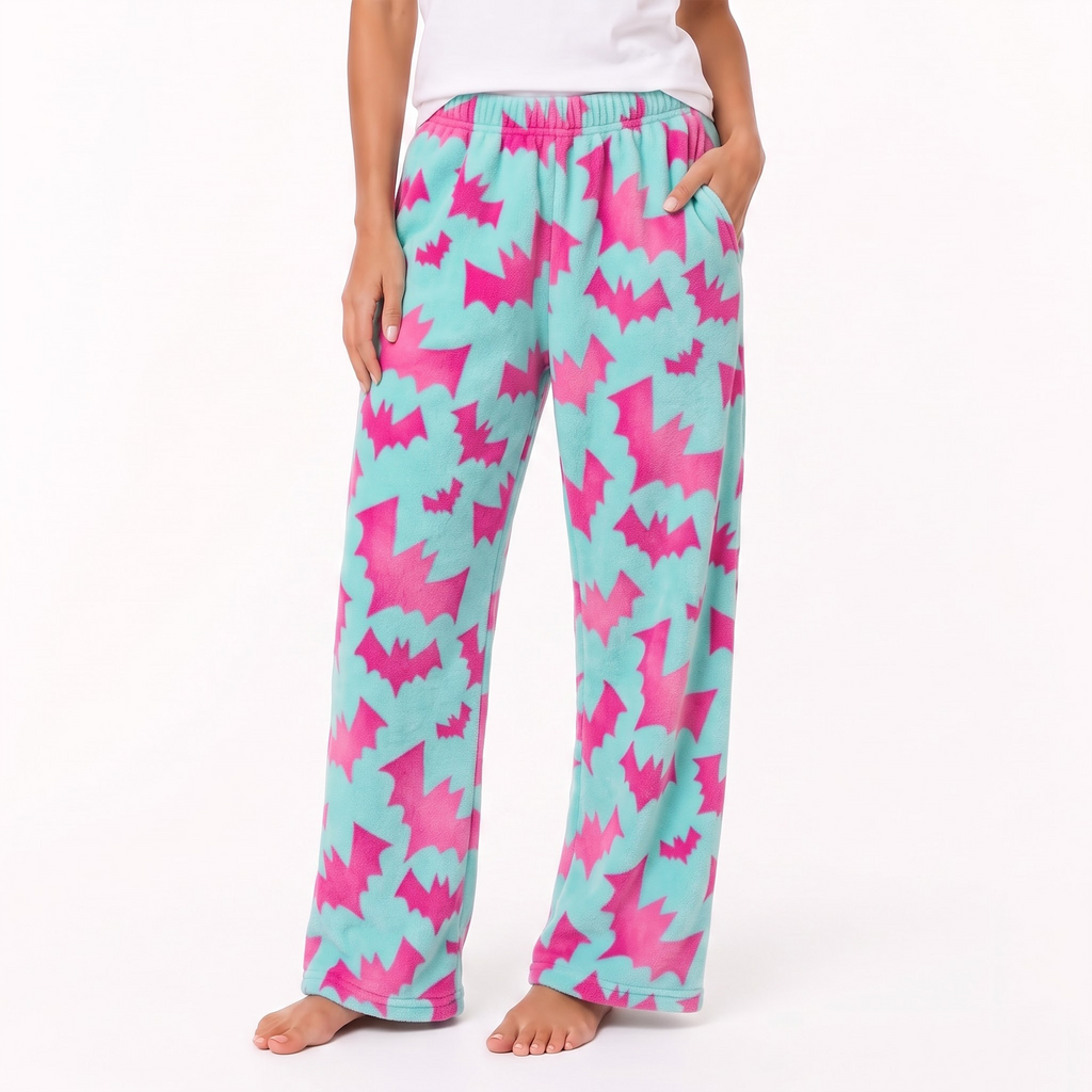 Pink Bat Fuzzy Pajama Pants, Cute Mint Green Fleece Sleepwear Bottoms, Soft Plush Warm Winter Lounge Pants, Spooky Gift