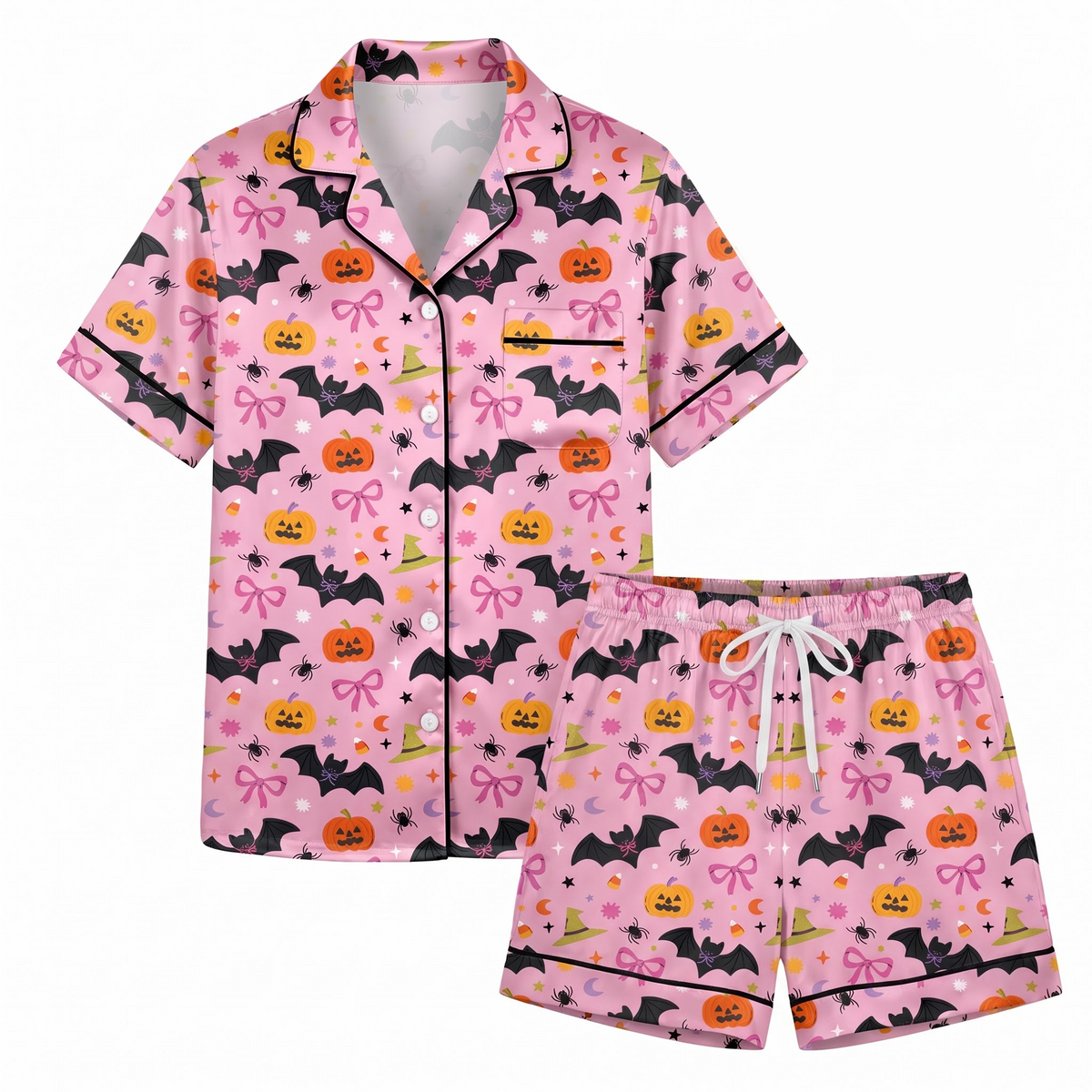Pink Halloween Satin Pajama Set, Cute Pumpkin Bat Bow Pajamas, Coquette Halloween PJs, Spooky Pink Sleepwear, Halloween Gift