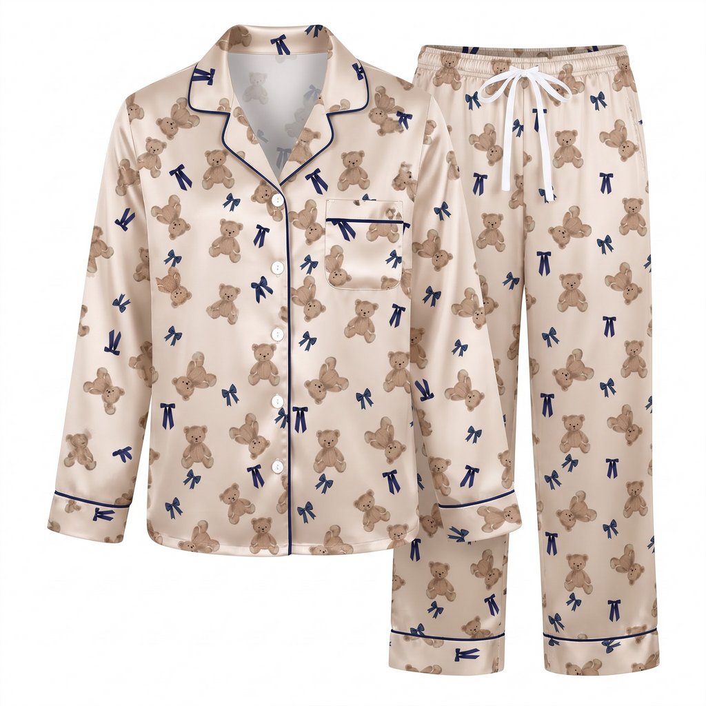 Teddy Bear Pajama Set, Coquette Navy Bow Satin Lounge Set, Cute Teddy Bear Sleepwear PJS, Birthday Gift for Her Women
