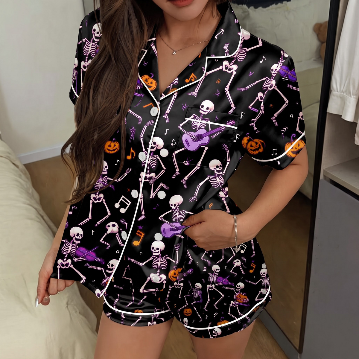 Halloween Dancing Skeleton Satin Pajama Set, Skeleton Music Pajamas, Spooky Pumpkin Halloween PJs, Black Halloween Sleepwear, Halloween Gift