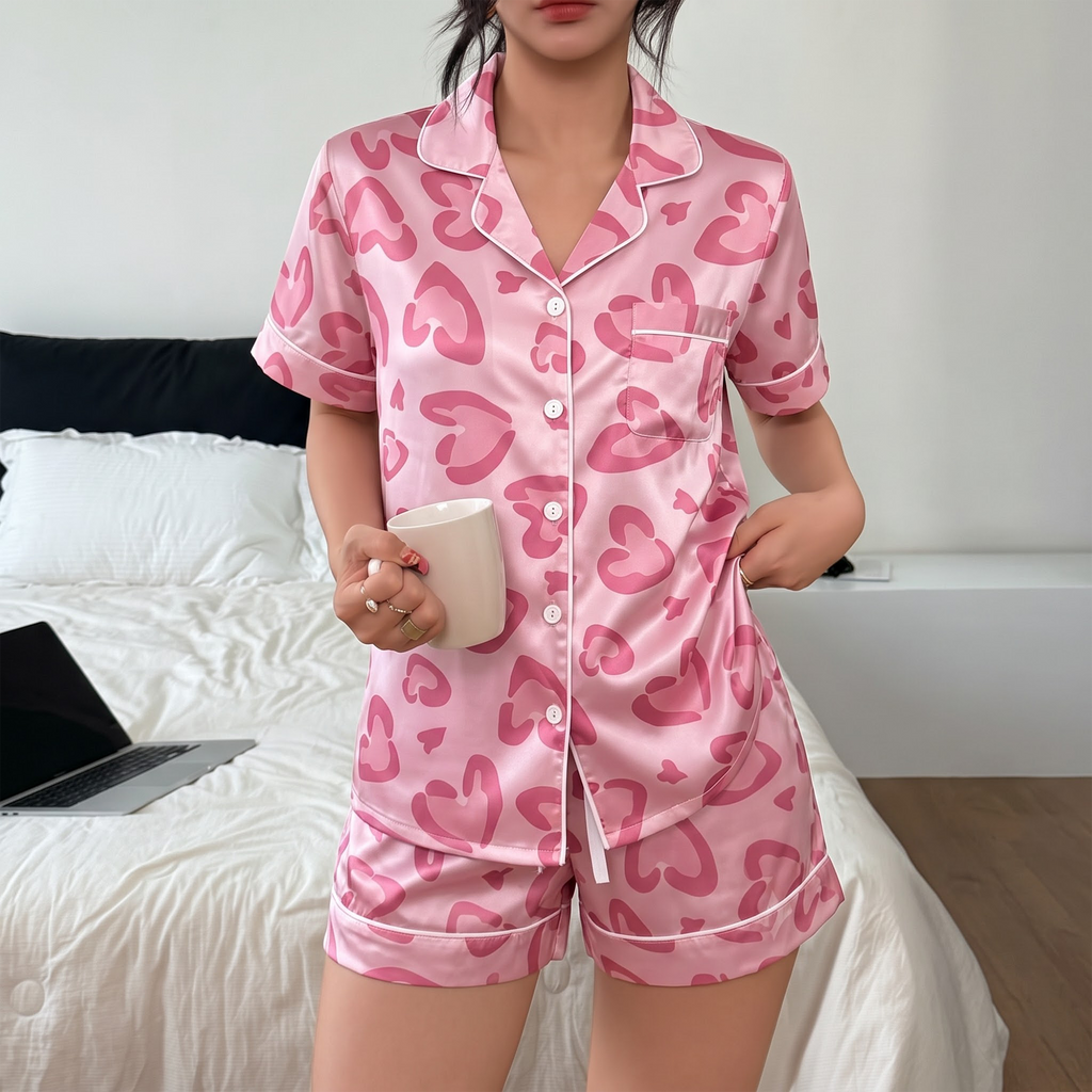 Pink Bow Short Pajama Set, Coquette Striped Satin Short Set, Summer Pink Ribbon Sleepwear PJS, Gift for Her Women