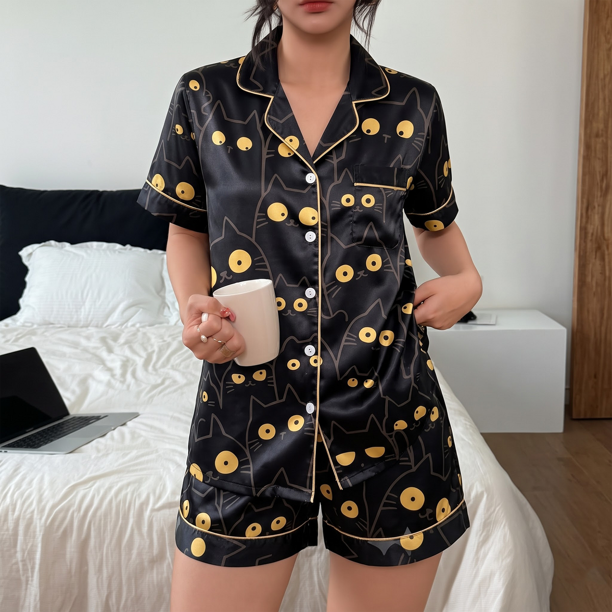 Black Cat Pajama Set, Black Satin Funny Cat Eyes Lounge Set, Cute Cat Mom Sleepwear PJS, Gift for Her Women
