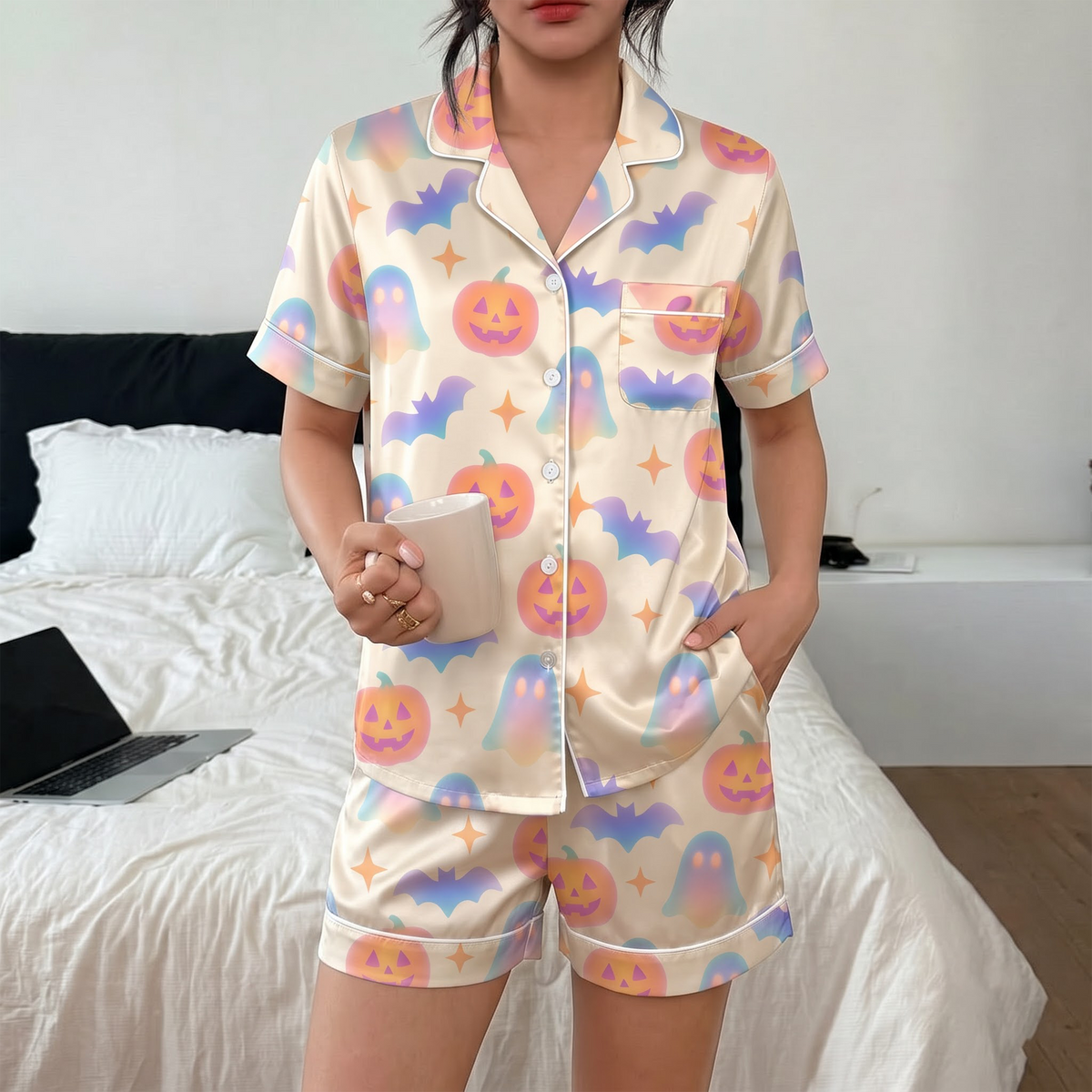Pastel Halloween Pajama Set, Gradient Ghost Pumpkin Satin Lounge Set, Cute Spooky Sleepwear PJS, Halloween Gift for Her