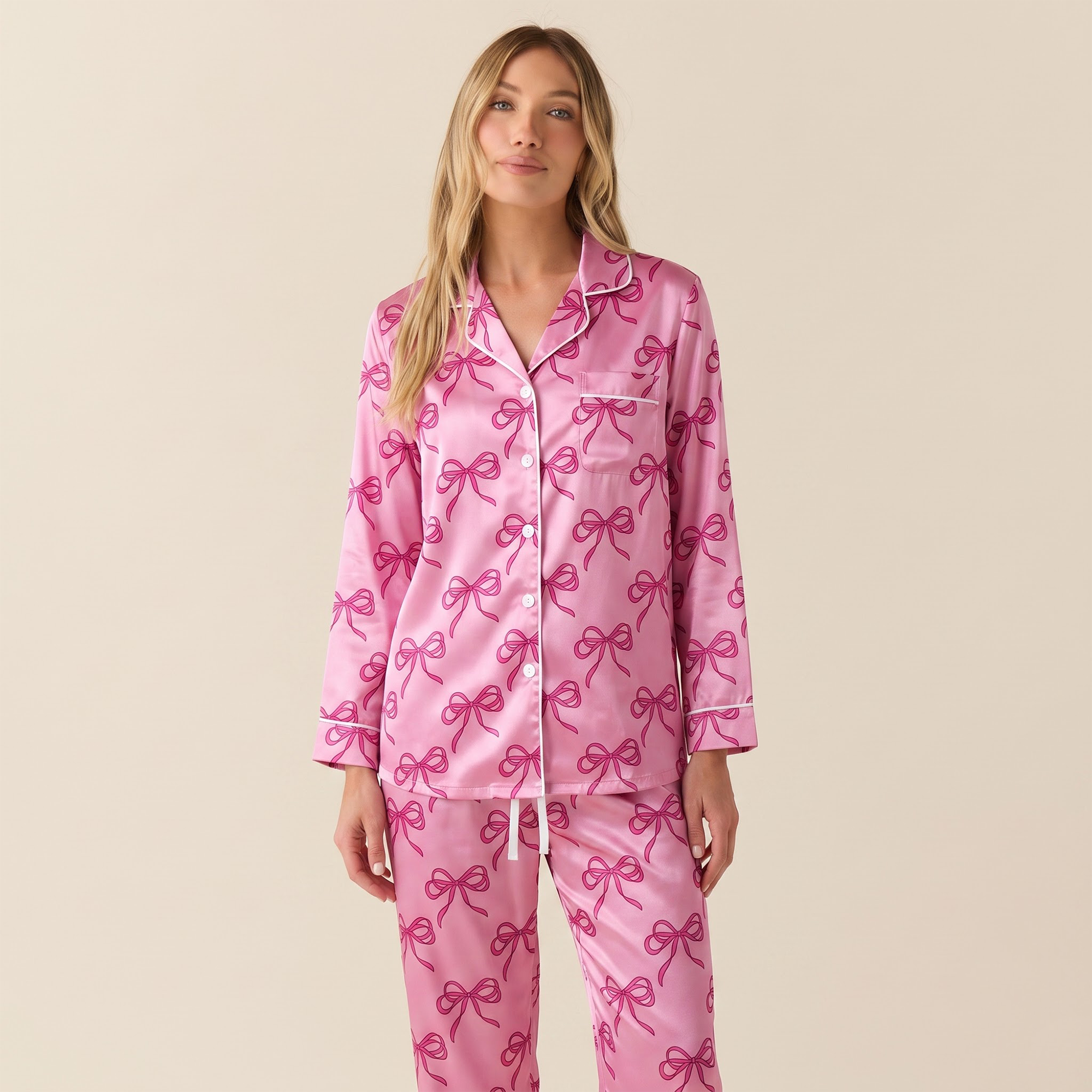 Pink Bow Pajama Set, Coquette Satin Ribbon Lounge Set, Pink Bow Sleepwear PJS, Birthday Gift for Her Women