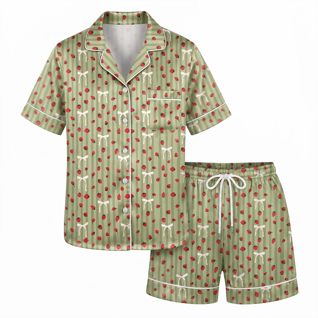 Strawberry Pajama Set, Green Striped Satin Coquette Lounge Set, Cute Bow Strawberry Sleepwear PJS, Birthday Gift for Her