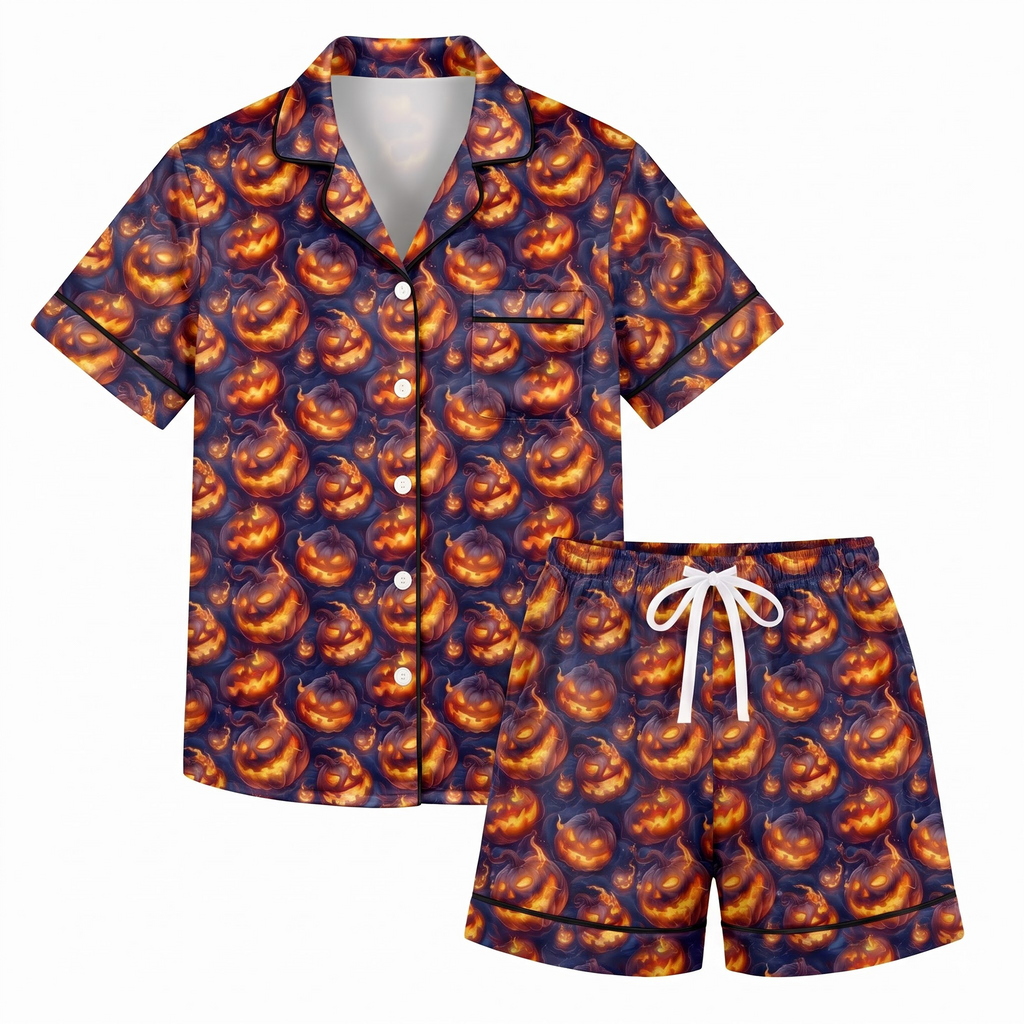 Halloween Pumpkin Satin Pajama Set, Jack O Lantern Pajamas, Spooky Pumpkin Halloween PJs, Orange Black Fall Sleepwear, Halloween Gift