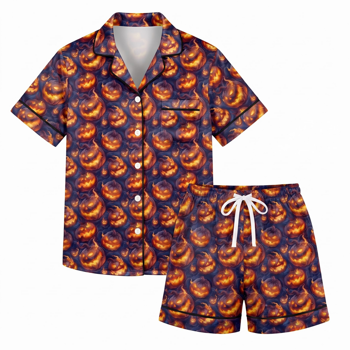 Halloween Pumpkin Satin Pajama Set, Jack O Lantern Pajamas, Spooky Pumpkin Halloween PJs, Orange Black Fall Sleepwear, Halloween Gift