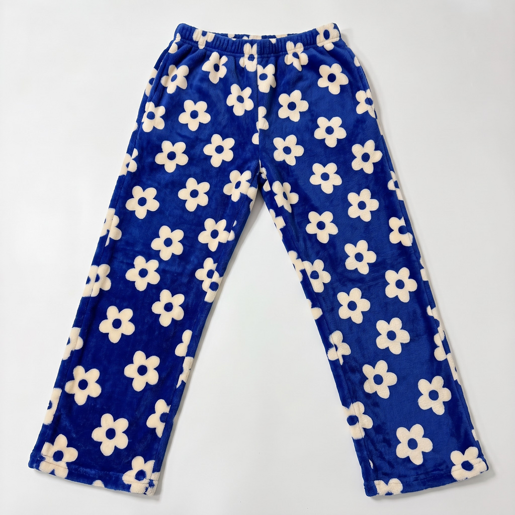 Multi Color Fuzzy Flower Pajama Pants, Cute Floral Fleece Sleepwear Bottoms, Plush Warm Winter Lounge Pants, Cozy Gift for Her