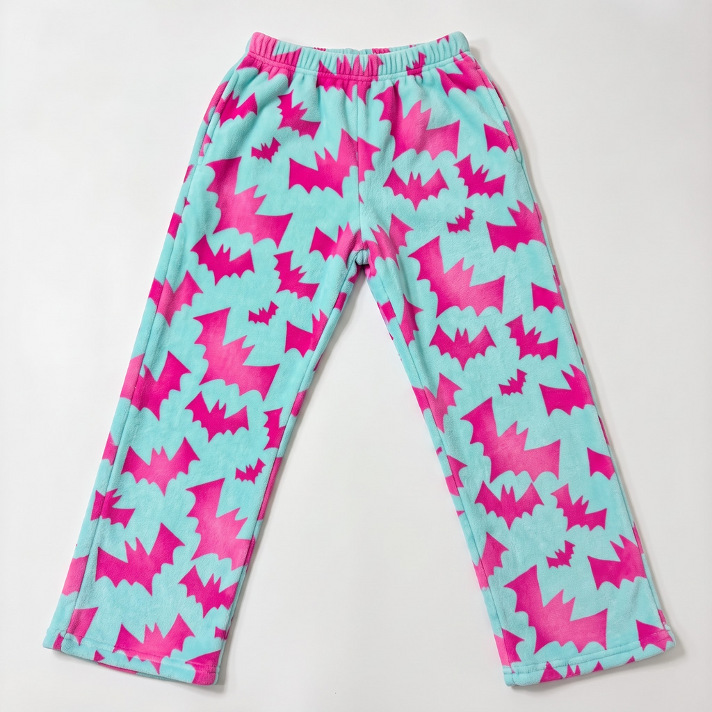 Pink Bat Fuzzy Pajama Pants, Cute Mint Green Fleece Sleepwear Bottoms, Soft Plush Warm Winter Lounge Pants, Spooky Gift